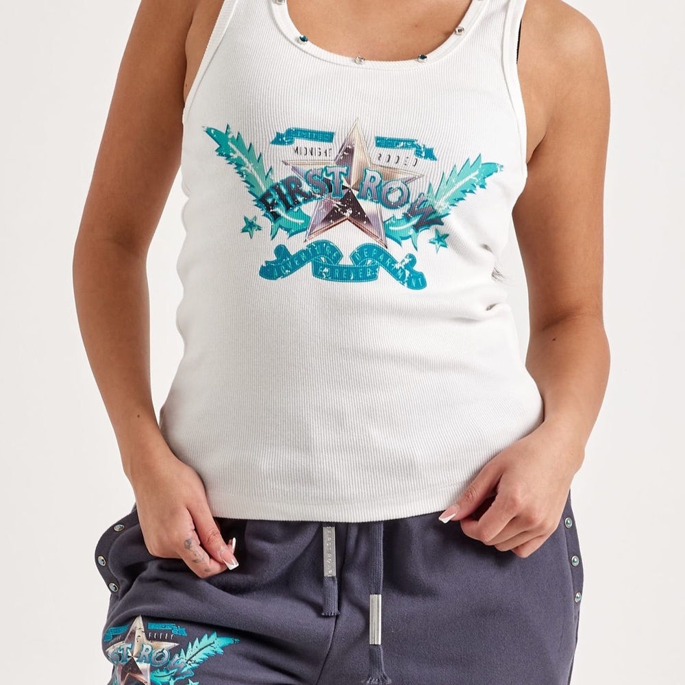 First Row White Graphic Tank Top. Woman size vary. Sm,Med,Lg,Xl
